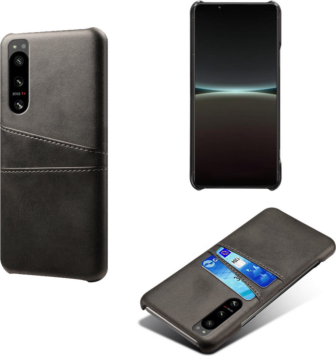 Back Cover met Opbergvakjes + Gehard Glas Screenprotector voor Sony Xperia 5 IV _ Zwart