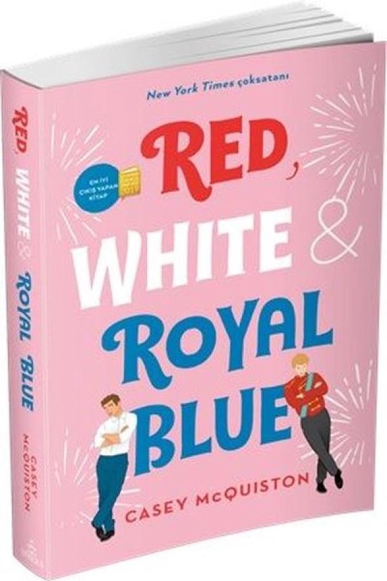 Boek 'Red, White & Royal Blue' in roze met blauwe letters en twee mannen aan weerszijden.