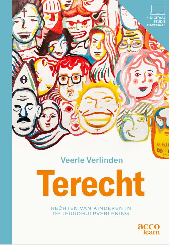 Boek 'Terecht' met kleurrijke illustratie van gezichten, inclusief "Rechten van kinderen in de jeugdhulpverlening" en "Veerle Verlinden".