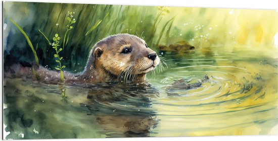 Dibond - Tekening van Zwemmende Otter in de Rivier - 200x100 cm Foto op Aluminium (Wanddecoratie van metaal)