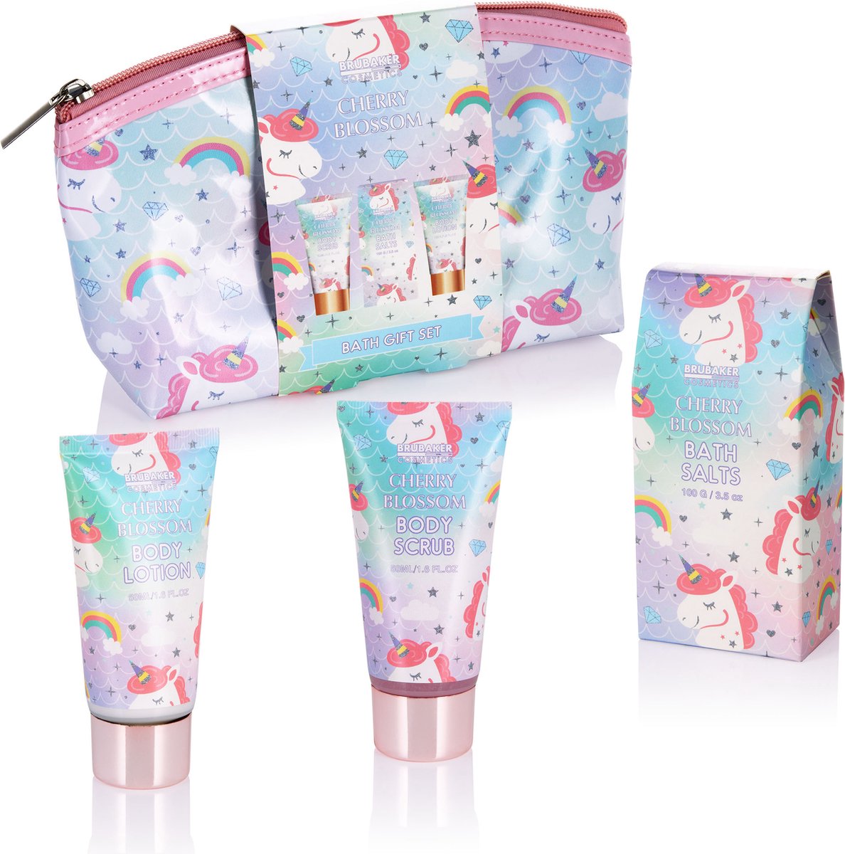 Goedkoopste BRUBAKER Cosmetics 4-Delig Eenhoorn Bad- en Doucheset Cherry Blossom - Cadeautip Vrouw - Cadeau Idee - Geschenkset Met Kersenbloesemgeur inToilettas