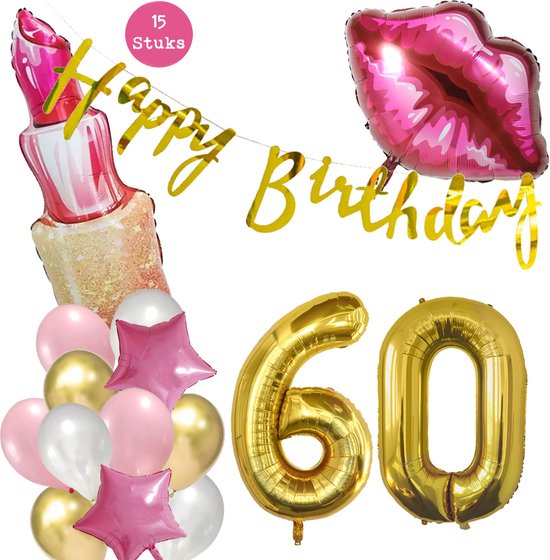 Snoes Beauty Helium Ballonnen Set 60 Jaar - Roze Folieballonnen - Slinger Happy Birthday Goud