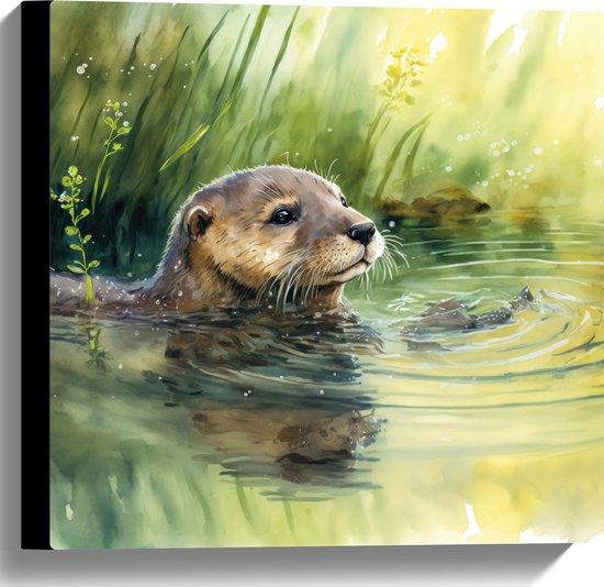 Canvas - Tekening van Zwemmende Otter in de Rivier - 40x40 cm Foto op Canvas Schilderij (Wanddecoratie op Canvas)
