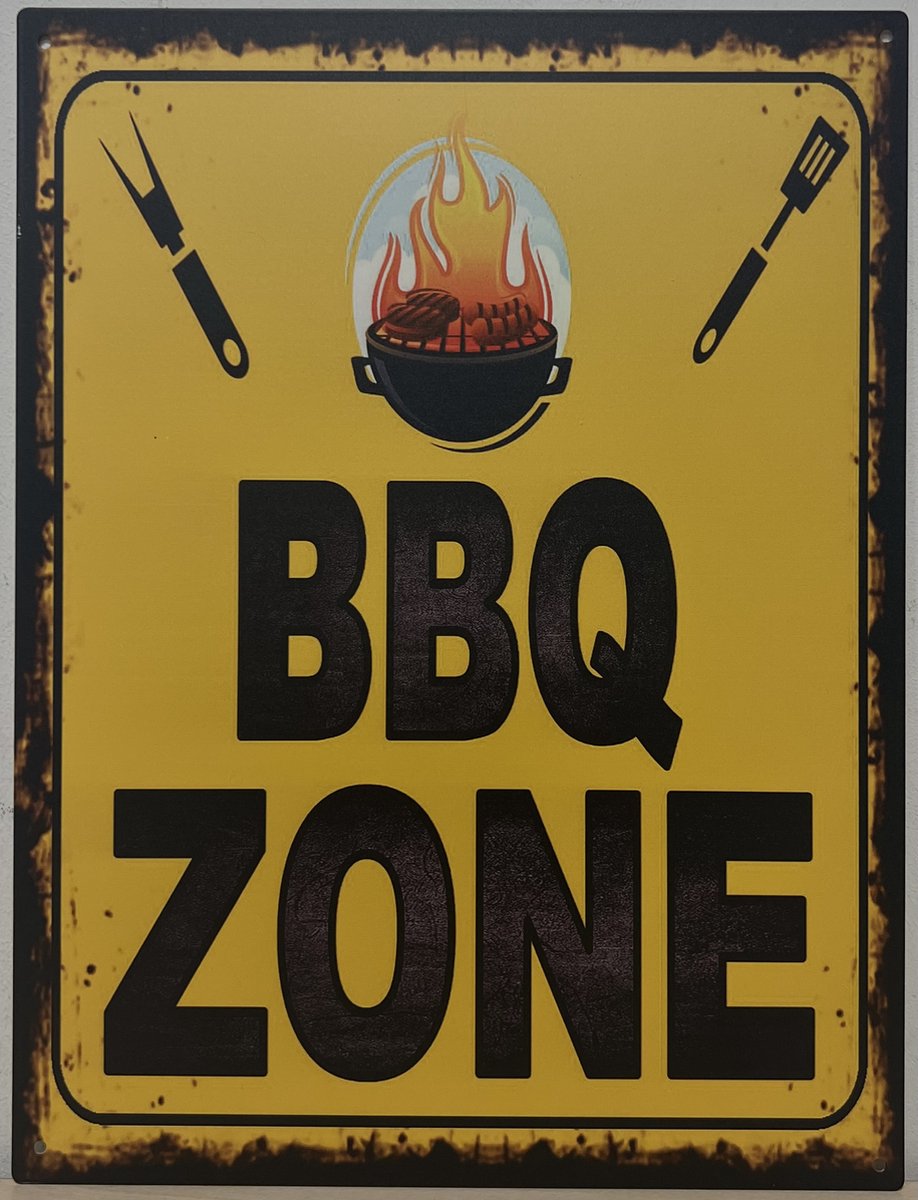 BBQ Zone geel barbecue Reclamebord van metaal 33 x 25 cm METALEN-WANDBORD - MUURPLAAT - VI