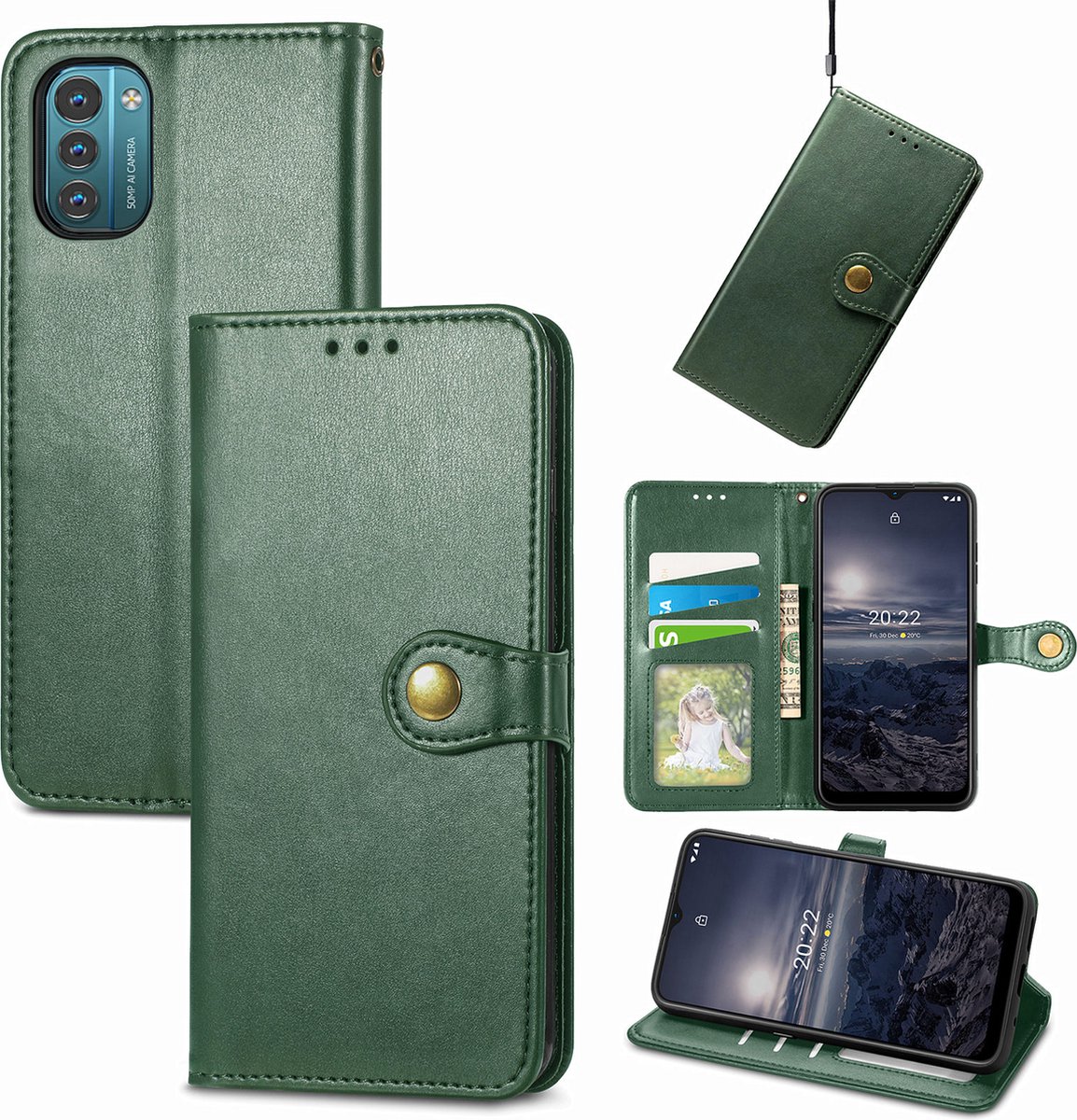Luxe PU-leer Wallet Case + Glas Screenprotector voor Nokia G21 / G11 _Groen