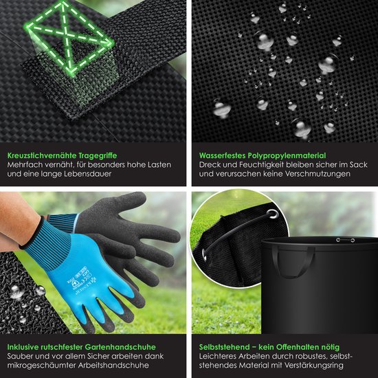 KESSER® Tuinafvalzak Tuinzak Set Bladzak incl. Handschoenen - Zelf Staand 4 Handvatten Stabiel Robuust & Opvouwbaar - Bladzakken Maaisel Tuinzakken voor Tuinafval Groenafval - 4x 500 Liter, Zwart van KESSER — afbeelding 2