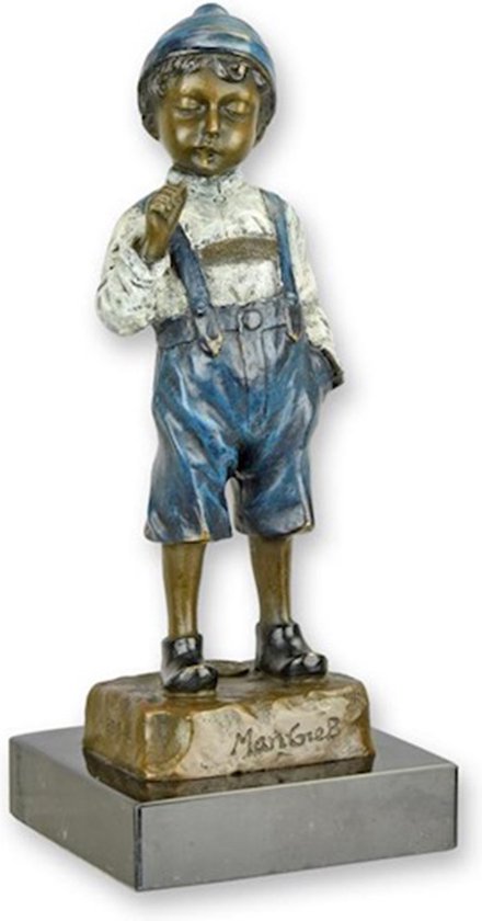 De roker, Bronzen sculptuur op marmer voet, Beeld van een jongen, Kunst decoratie kleur