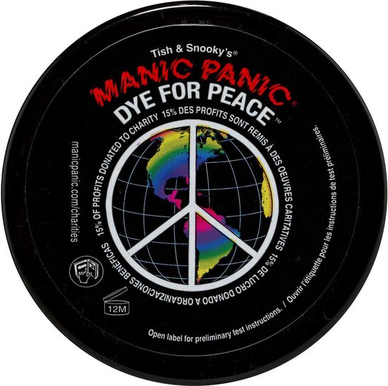 Zwart deksel met Manic Panic 'Dye For Peace' logo, wereldbol met vredessymbool en regenboogkleuren.