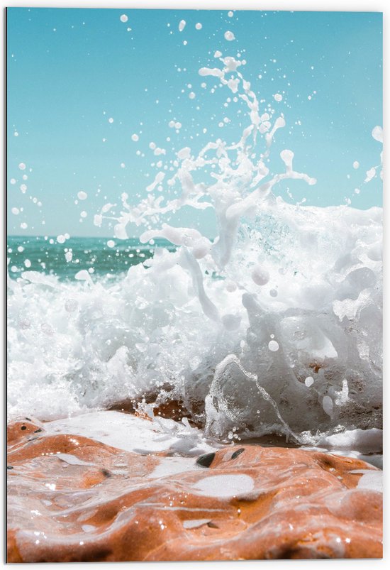 Dibond - Zee - Water - Schuim - Spetters - Druppels - 70x105 cm Foto op Aluminium (Met Ophangsysteem)