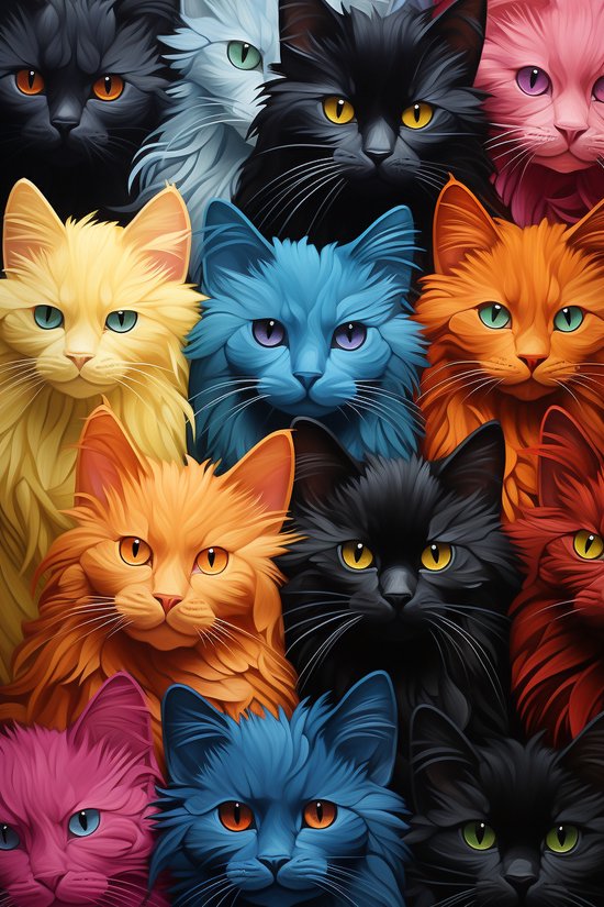 Poster Katten - Katten Kleurrijk - Kittens - Poezen - Woondecoratie - posters - formaat 60x90cm - 676