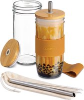 Bubble Tea beker met rietje en bamboedeksel - set van 2 glazen bekers - 720 ml - herbruikbaar - vaatwasmachinebestendig