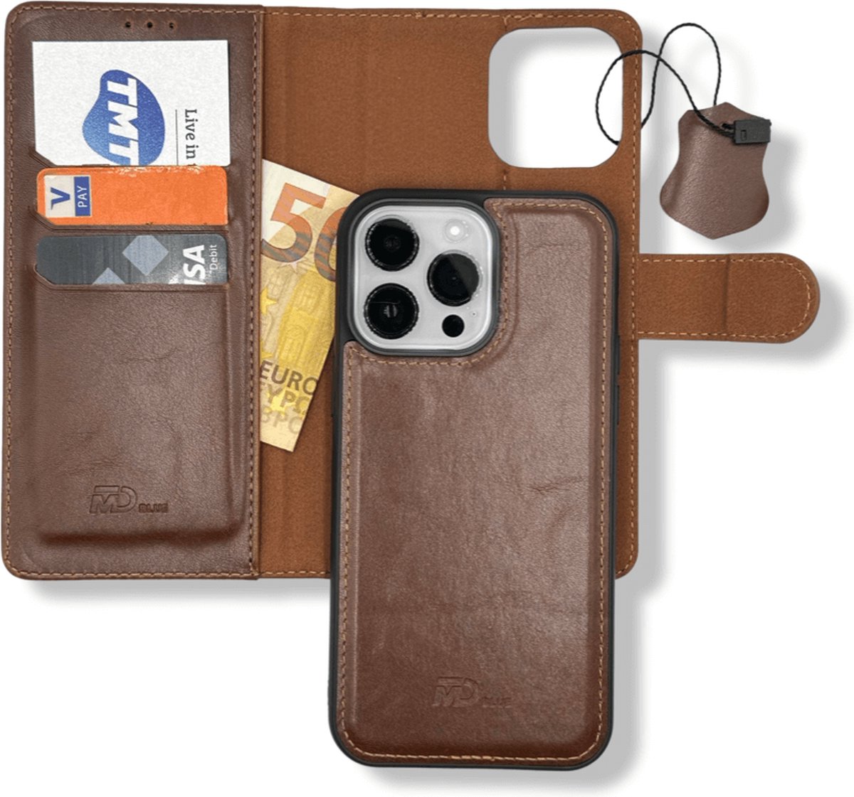 MDblue ® - portemonnee hoesje Apple Iphone 13 Pro Max Hoesje 2in1 Magnetic Bruin-silicon achterkant met luxe leren hoesje-book case iphone 13 pro Max magnetic