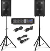 Vonyx VX210 Complete geluidsinstallatie voor zang - 2x 10 inch speakers - 4 kanaalsmixers met ingebouwde versterker - 2x speakerstandaard