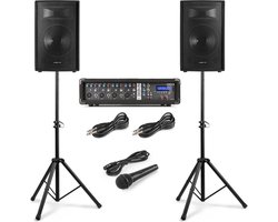 Vonyx VX210 Complete geluidsinstallatie voor zang - 2x 10 inch speakers - 4 kanaalsmixers met ingebouwde versterker - 2x speakerstandaard