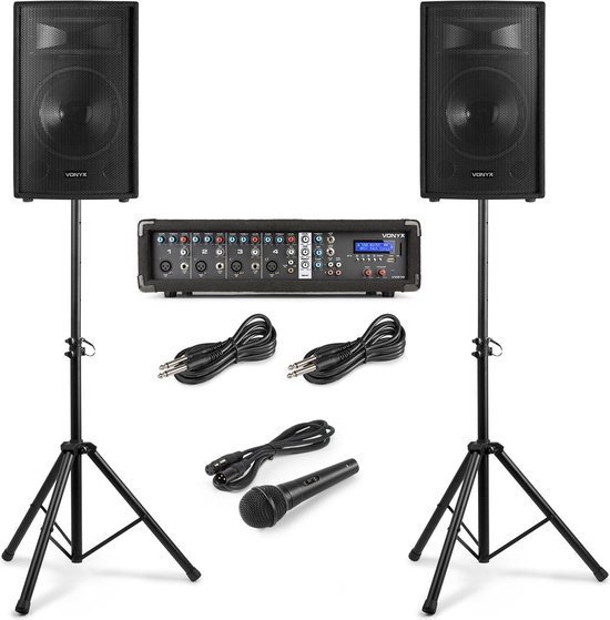 Vonyx VX210 Complete geluidsinstallatie voor zang - 2x 10 inch speakers - 4 kanaalsmixers met ingebouwde versterker - 2x speakerstandaard - Vonyx