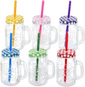 6 stuks drinkglazen met deksel, handvat en herbruikbaar rietje, herbruikbaar (III), in 4 varianten verkrijgbaar, glas, drinkglas, cocktaildrinking, kleur: gekleurd