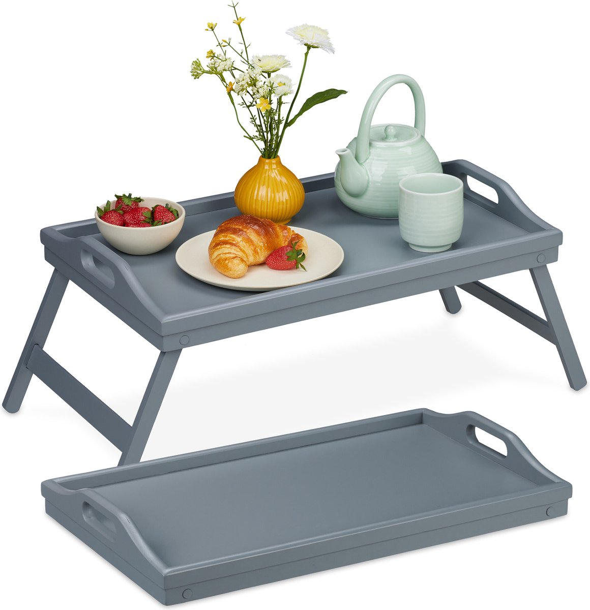 Relaxdays bamboe bedtafel, inklapbare pootjes, verhoogde rand, ontbijtplank voor in bed, HxBxD: 6,5 x 50 x 30 cm, grijs