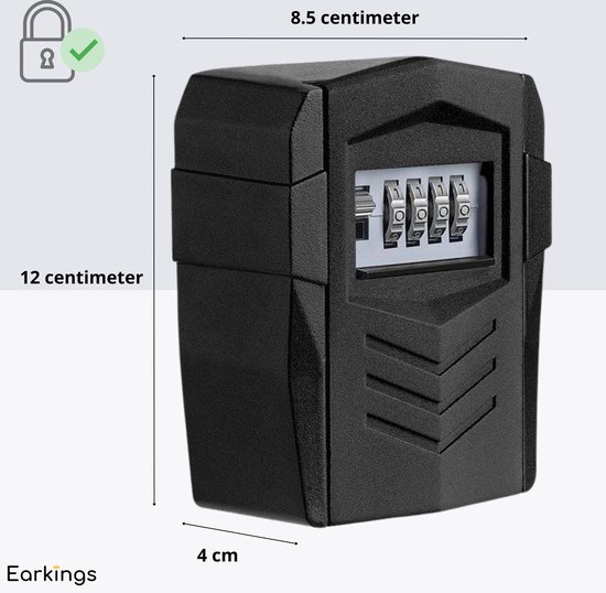 Afmetingen zwarte sleutelkluis: 12 cm hoog, 8.5 cm breed, 4 cm diep. Met cijferslot.