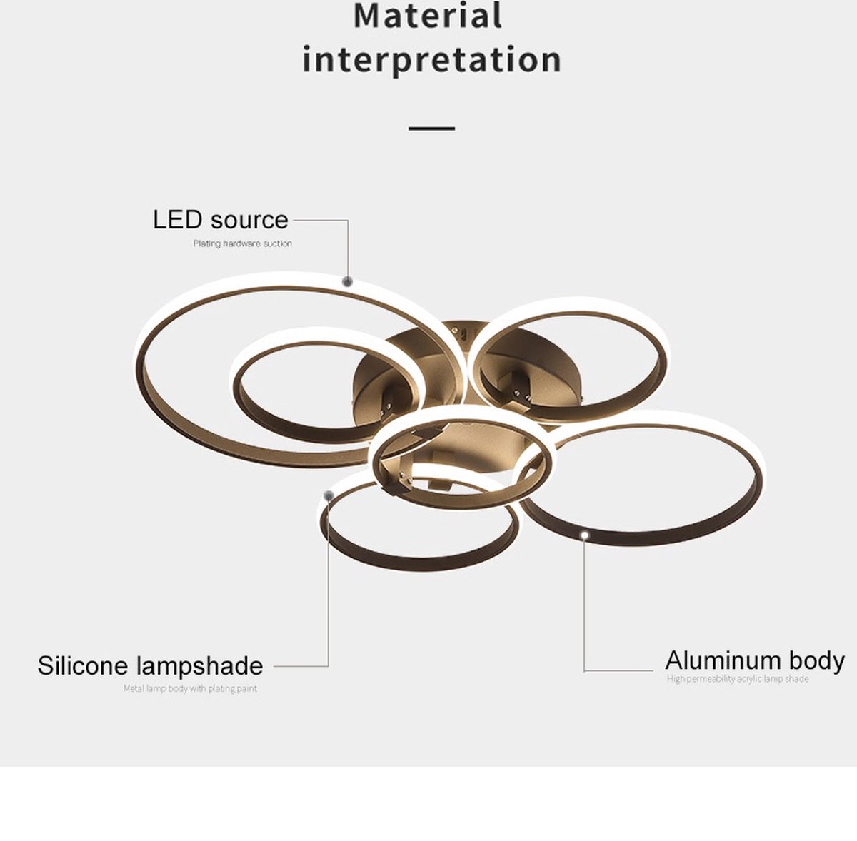 Dimbare grote woonkamerlamp LED 6-ring Zwart plafondlamp Moderne slaapkamerlampen met afstandsbediening Plafondverlichting Metalen acryl Plafondlampen Kantoor eetkamer L80cm 70W
