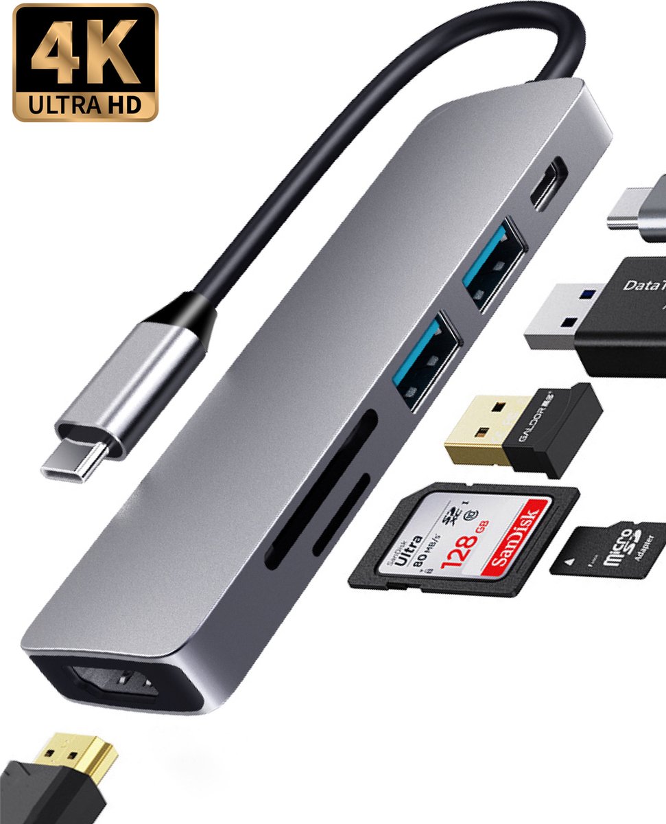 Nuvance - USB C Hub 3.0 – 6 Poorten - USB Splitter - USB C naar HDMI - USB Hub 3.0 - Docking Station Laptop - Micro SD Card Reader - HDMI 4K