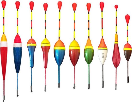Flotteurs de pêche aux couleurs vives : rouge, bleu, vert, blanc, jaune, brun.