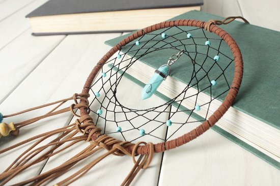 Grote Handgemaakte Dromenvanger - Dromen Vanger - Dream Catcher - Dream Catcher Groot - Indianen Deco Droomvanger met Steen Kraaltjes Veren – Bruin / Blauw - BPK