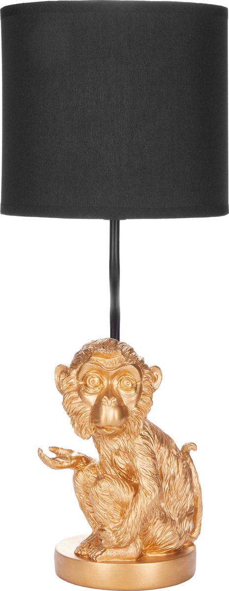 BRUBAKER Tafel- of bedlampje kleine aapje - aap tafellamp met keramische voet en stoffen kap - 52 cm hoog, goud zwart