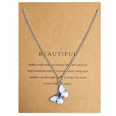 Fako Bijoux® - Doe Een Wens - Vlinder Ketting - Make A Wish - Beautiful - Lichtblauw - Ketting Inclusief Kaart Met Tekst - Zilverkleurig