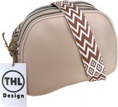 THL Design - Kleine Dames Schoudertas - Klein Tasje - 3 vakken - Bag Strap - Tassenriem bruin / wit - Beige