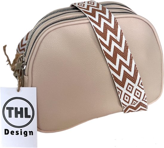 THL Design - Petit sac à bandoulière pour femme - Klein sac - 3 compartiments - Bandoulière de sac - Bandoulière de sac beige / noir - Beige