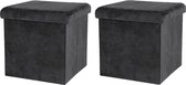 Urban Living Poef/hocker - 2x - opbergbox zit krukje - velvet zwart - polyester/mdf - 38 x 38 cm - opvouwbaar
