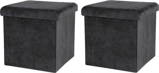 Urban Living Pouf/hocker - 2x - boîte de rangement, tabouret - velours noir - polyester/mdf - 38 x 38 cm - pliable
