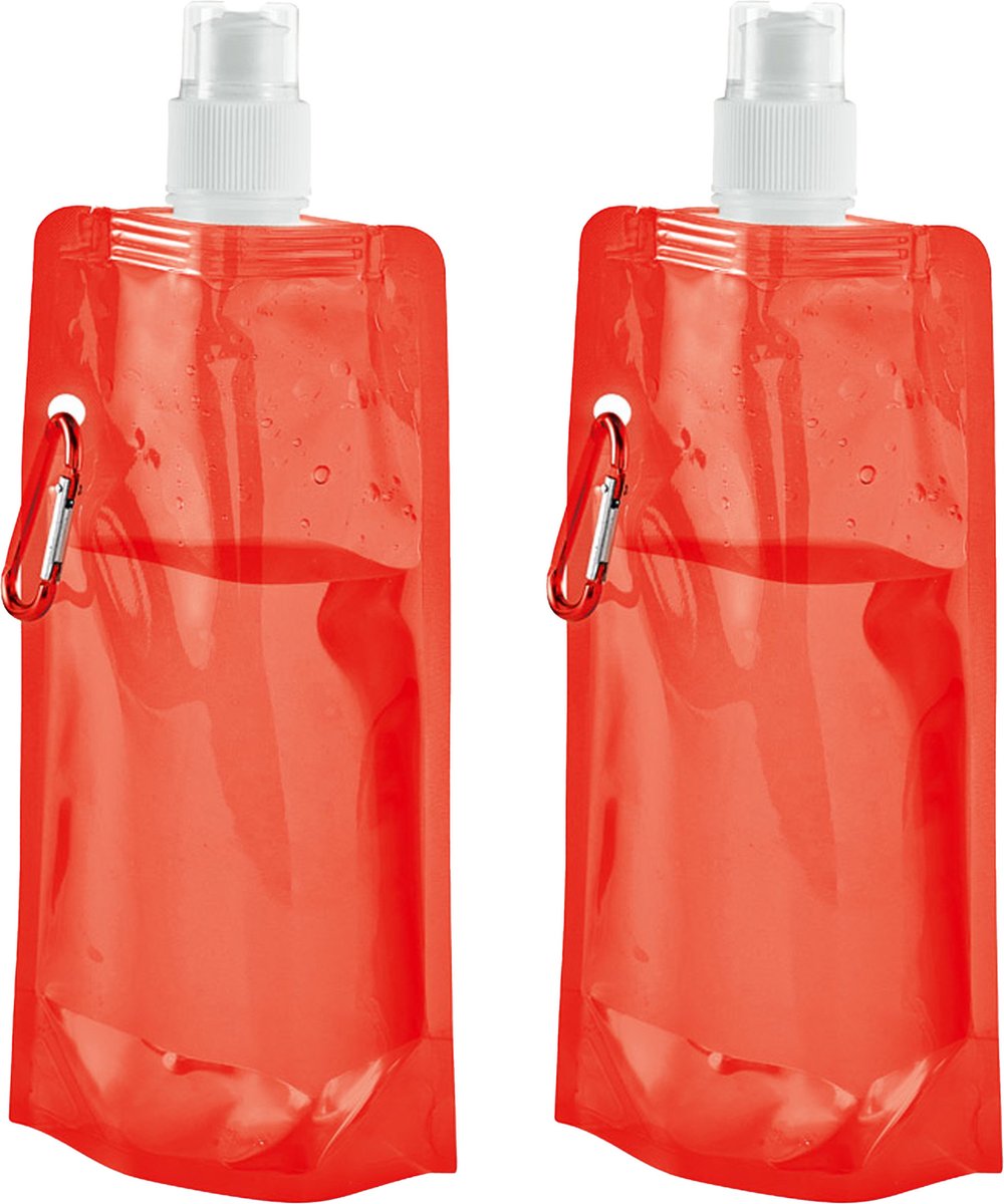 Waterfles/drinkfles/sportbidon opvouwbaar - 2x - oranje - kunststof - 460 ml - schroefdop - waterzak