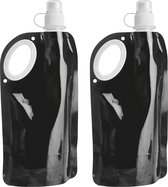 Waterfles/drinkfles/sportbidon opvouwbaar - 2x - zwart - kunststof - 770 ml - schroefdop - waterzak