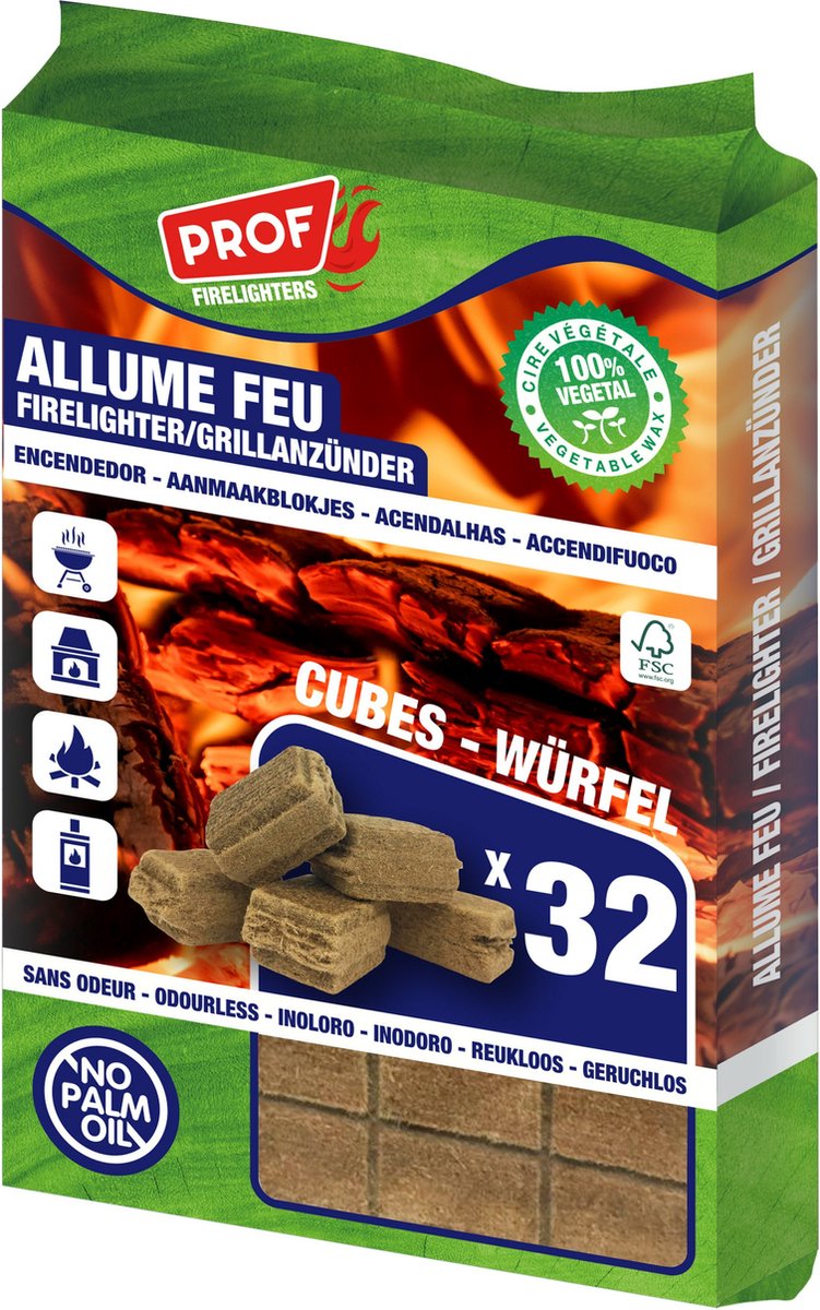 Prof Barbecue aanmaakblokjes - 32x - bruin - geurloos - niet giftig - BBQ