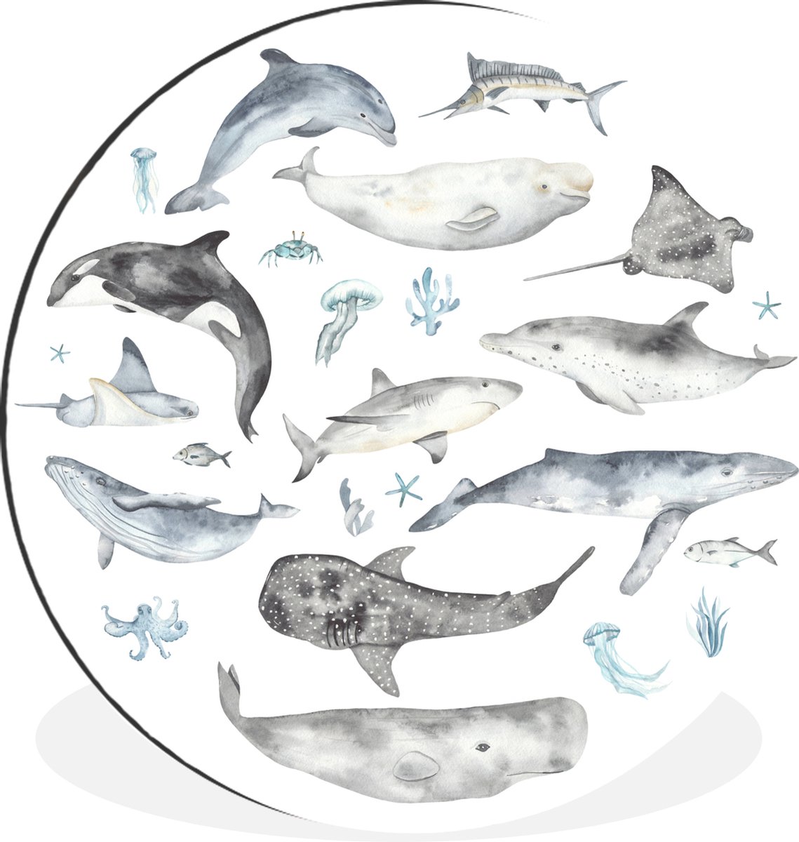 WallCircle - Wandcirkel - Muurcirkel - Zeedieren - Waterverf - Kinderen - Blauw - Kinderkamer - Jongens - Aluminium - Dibond - 140x140 cm - Binnen en Buiten