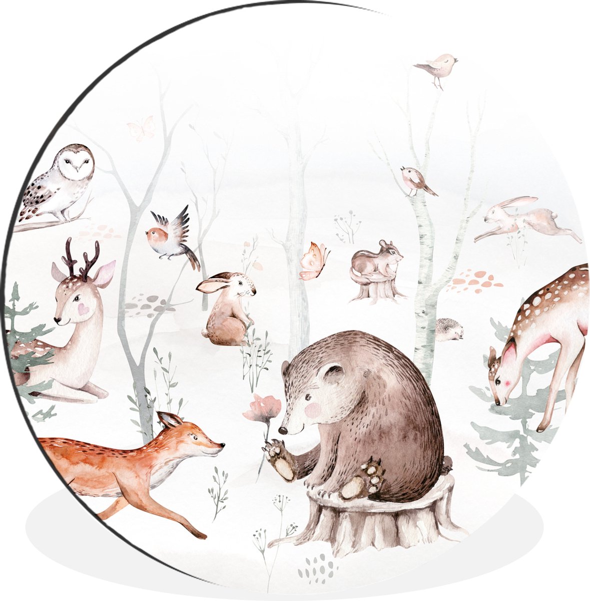 WallCircle - Wandcirkel - Muurcirkel - Bosdieren - Waterverf - Dieren - Wit - Kind - Kinderkamer - Aluminium - Dibond - 30x30 cm - Binnen en Buiten