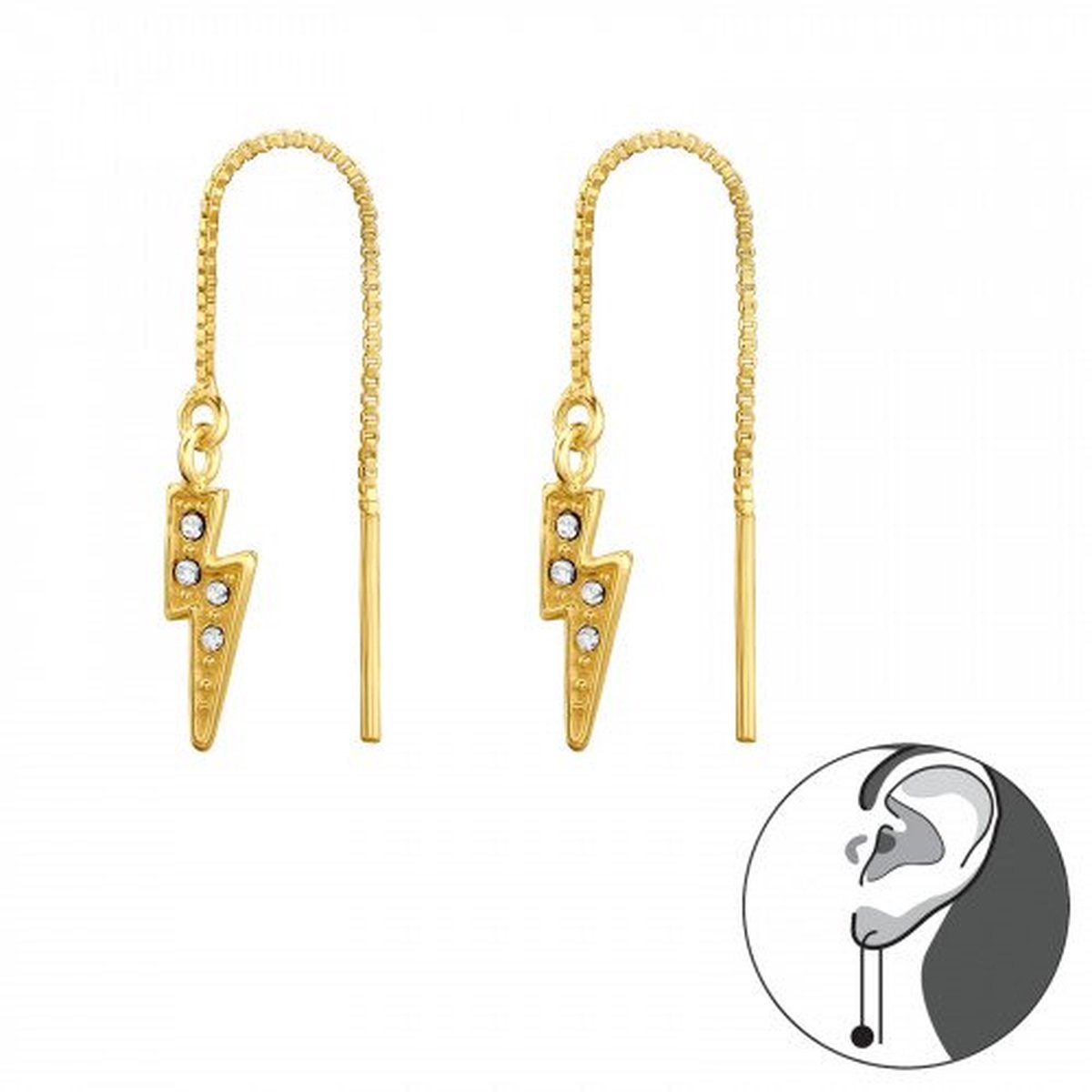 Zilveren oorbellen | Chain oorbellen | Gold plated chain oorbellen met bliksemschicht met kristallen