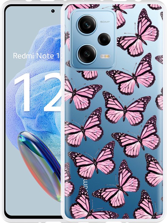 Cazy Hoesje Geschikt Voor Xiaomi Redmi Note 12 Pro 5g Roze Vlinders 8396