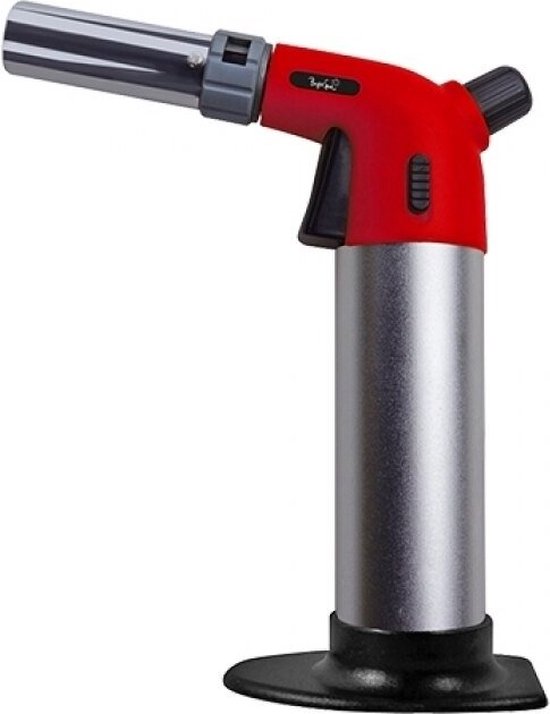 Een rode en zilveren keukenbrander met een zwarte handgreep en een brede basis.