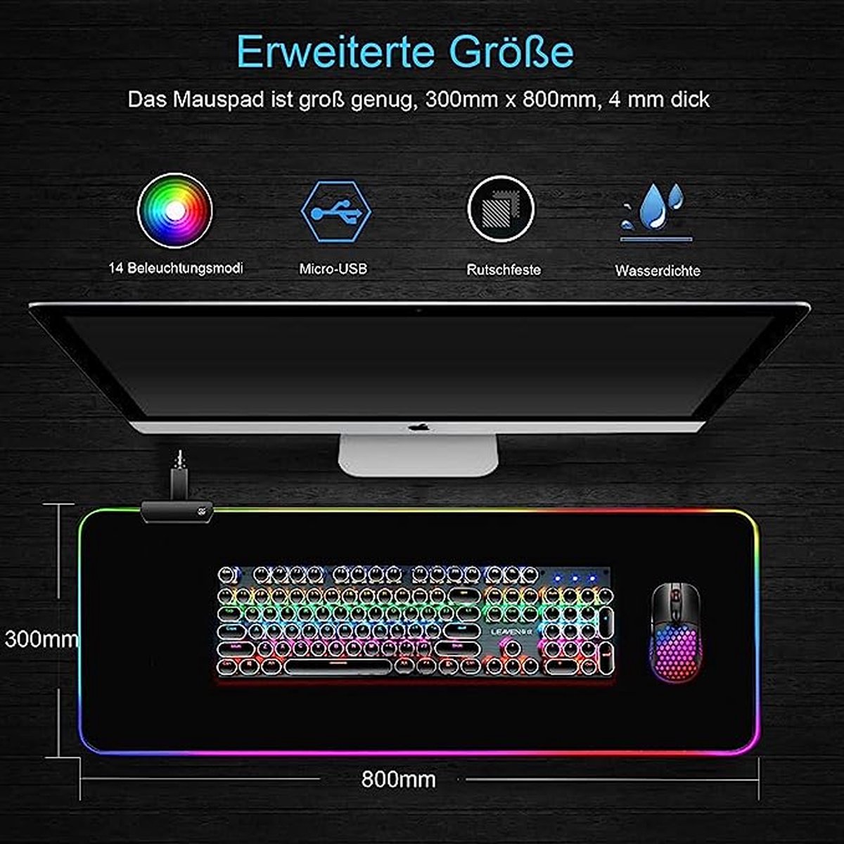 Tapis de Souris XXL Gamer RGB avec 14 Modes d'Eclairage 800 x 300