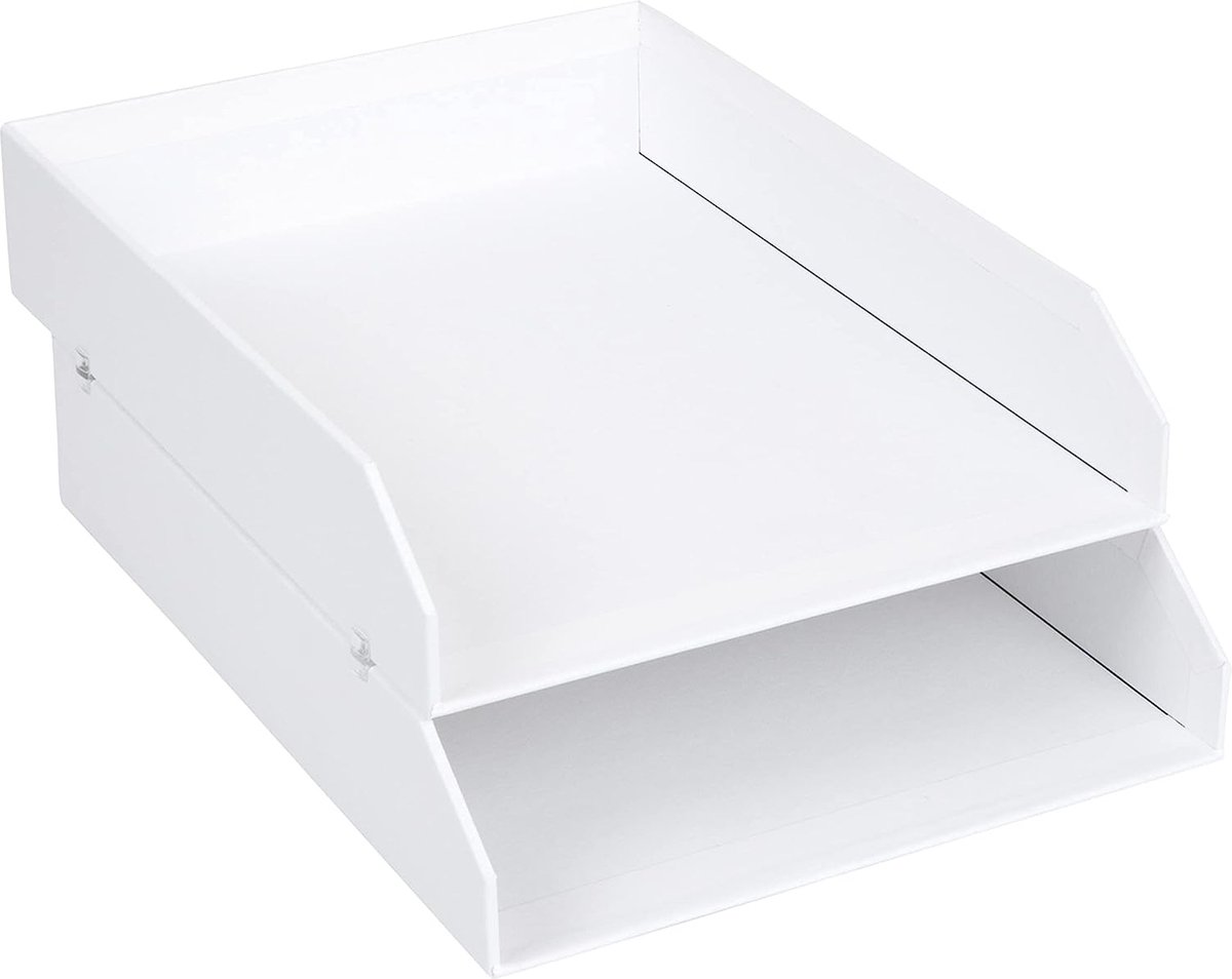 2-delige set brievenbakjes voor het bureau – stapelbare opbergvakken voor brieven, documenten enz., – opbergsysteem van vezelplaat met papier – wit