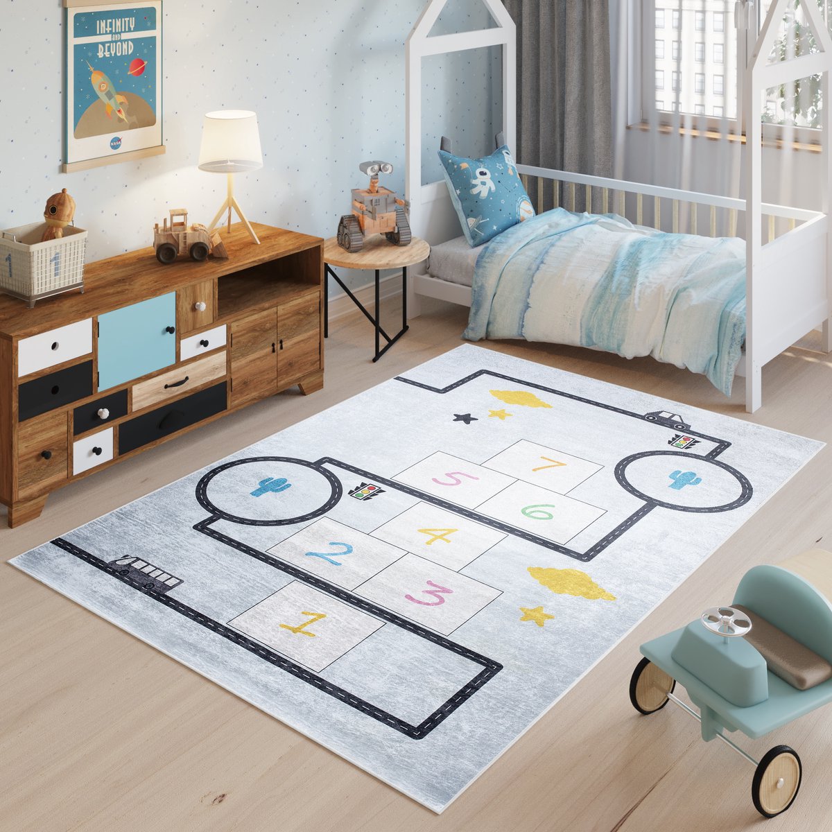 Tapiso Emma Vloerkleed Speeltapijt Blauw Kinderkamer Tapijt Maat- 140x200