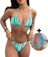 Bikini Dames, Ariya Bikini 3pcs Set, Sexy Bikini's Vrouwen, Bikini Set Vrouwen, Zwemkleding Vrouwen - Groen met Wit - INCLUSIEF Cover-up Rokje