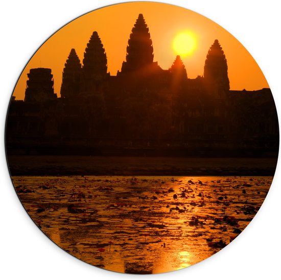 Dibond Muurcirkel - Silhouet van Angkor Wat Tempel in Siem Reap, Cambodja - 70x70 cm Foto op Aluminium Muurcirkel (met ophangsysteem)