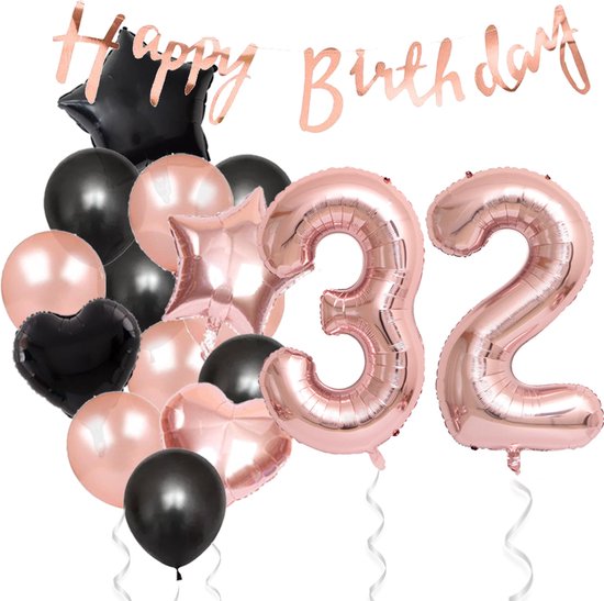 Snoes Ballonnen 32 Jaar Feestpakket – Versiering – Verjaardag Set Liva Rose Cijferballon 32 Jaar -Heliumballon
