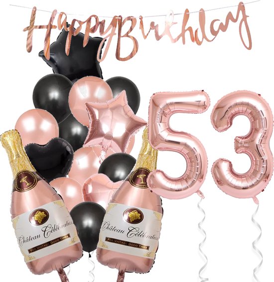 53 Jaar Verjaardag Cijferballon 53 - Feestpakket Snoes Ballonnen Pop The Bottles - Rose Zwart Versiering