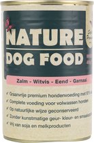 Nature Dog Food -zalm-witvis-eend-garnaal & zoeteaardappelen-wortel-spinazie 60% (vers) vlees - graan vrij - natuurlijke ingrediënten - blik - 400 gram