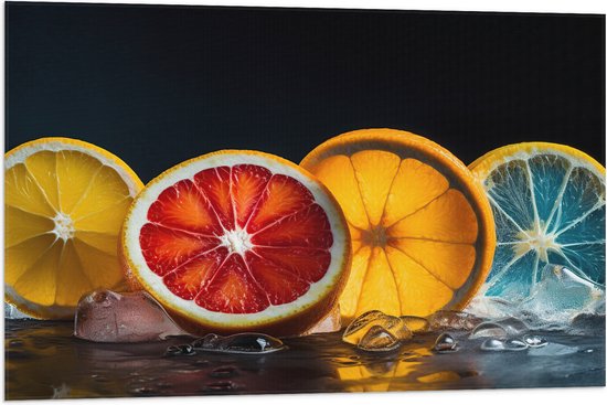 Vlag - Schijven Fruit tegen Zwarte Achtergrond - 90x60 cm Foto op Polyester Vlag
