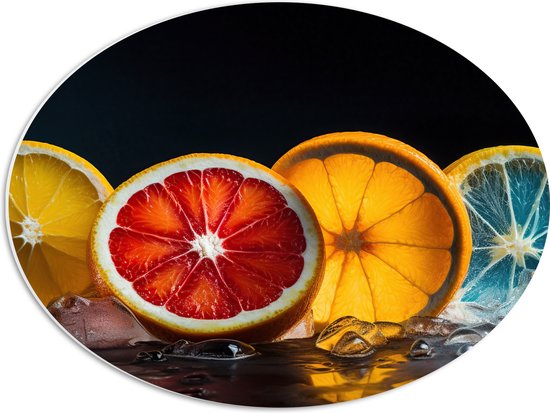 PVC Schuimplaat Ovaal - Schijven Fruit tegen Zwarte Achtergrond - 56x42 cm Foto op Ovaal (Met Ophangsysteem)